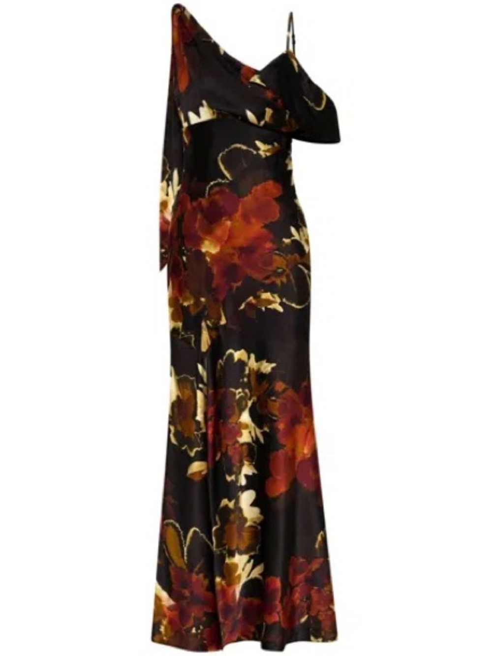 NICHOLAS Black One-Shoulder Maxi Dress with Red & Gold Floral Print